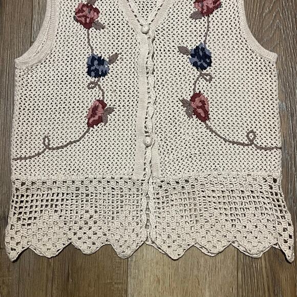 VTG Crochet Knit Floral Boho Vest Small Cream Ramie Cotton Cottagecore Hippie - Picture 2 of 7